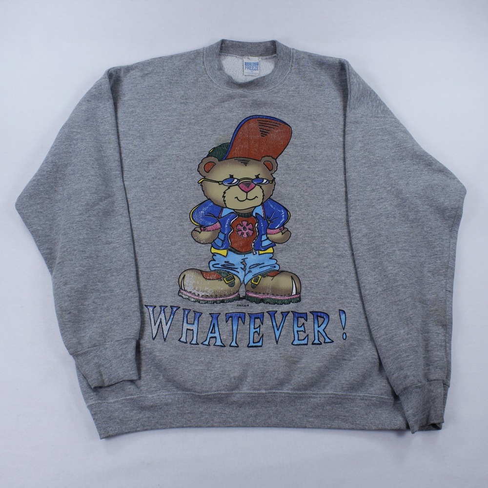 Vtg 90s Freeze Whatever Bear Crewneck Sweatshirt XL Gray Made in USA Cartoon